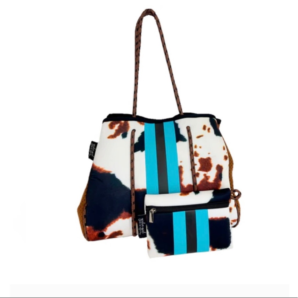 Cow Print Turquoise Neoprene Waterproof Tote Bag and Wristlet